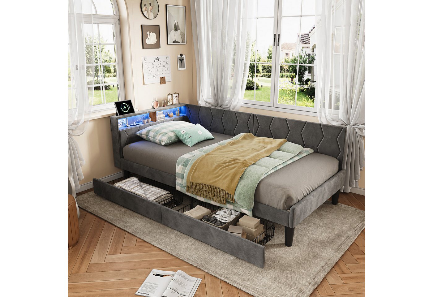 Simurq Daybed Tagesbett 90x200 mit Schubladen, Gästebett, Jugendbett, Polsterbett, Mit Lattenrost, USB Port & LED, samt, L-Form