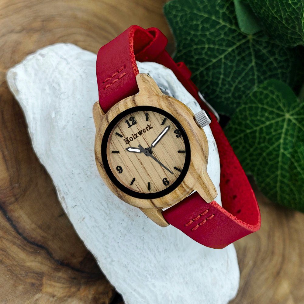 CLARA dunkel Holzwerk beige Holz RED rot, Armband & Leder Uhr, Damen kleine Quarzuhr