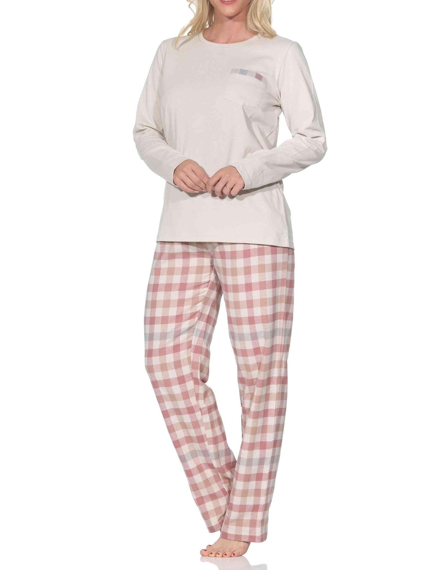 Pyjama Normann Damen Schlafanzug lang mit Flanell Pyjamahose in Karo Optik
