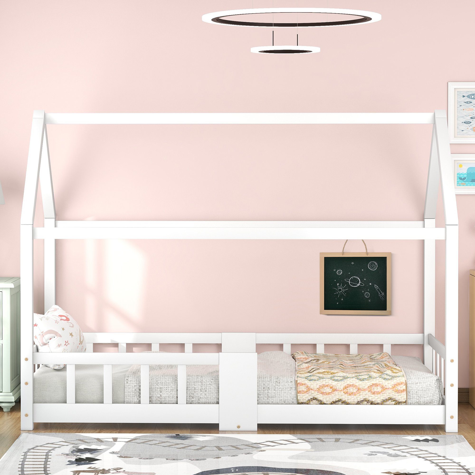 Kinderbett (Hausbett 90x200cm), Kinderbett mit Tafel, Rausfallschutz und Lattenrost, Kiefer