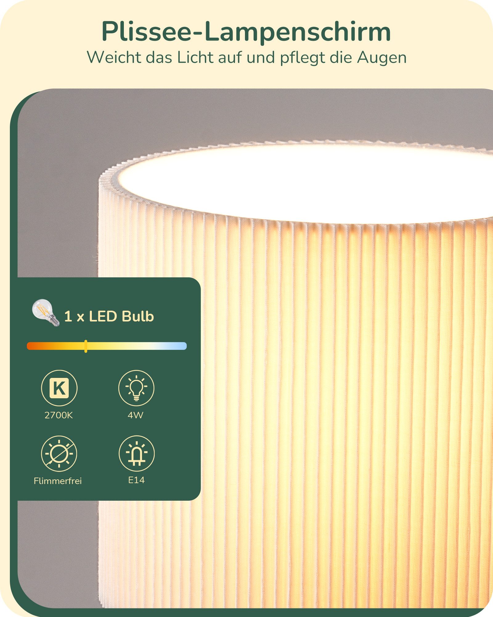 EDISHINE Nachttischlampe Dekolampe H29 cm mit Metallfuß, LED wechselbar, 2700 K Warmweiß, Vintage Tischleuchte mit E14 Leuchtmittel