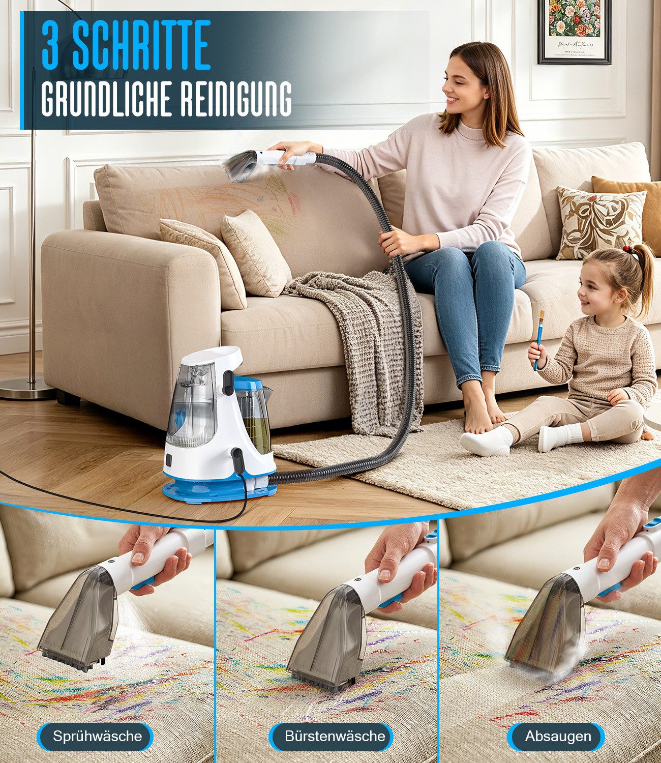 PEXCHO Teppichreinigungsgerät Polsterreiniger Teppichreiniger Maschine,18kPa Saugkraft, 550 W, 1,2L+1,2L Wassertank, für Sofa/Treppe/Autositze/Haustier Flecken