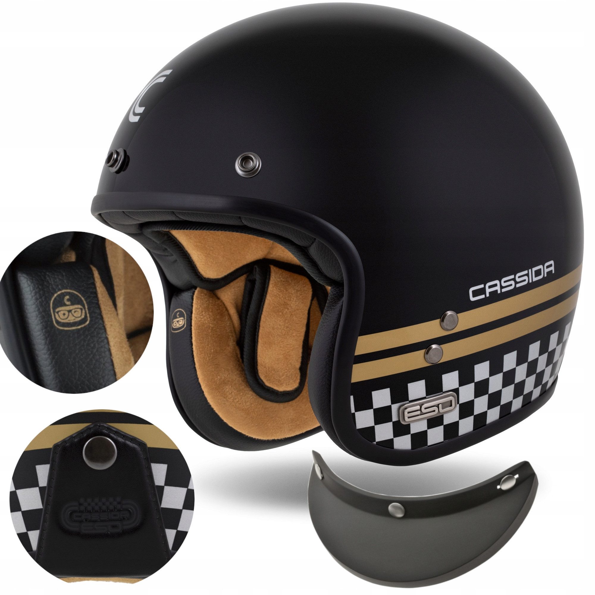 Cassida Helmets Motorradhelm Eso Forty Nine perlmuttschwarz/gold/grau Chopper-Cruiser Helm (Premium-Helm), leichter Glasfaserhelm in 5 Schalengrößen erhältlich