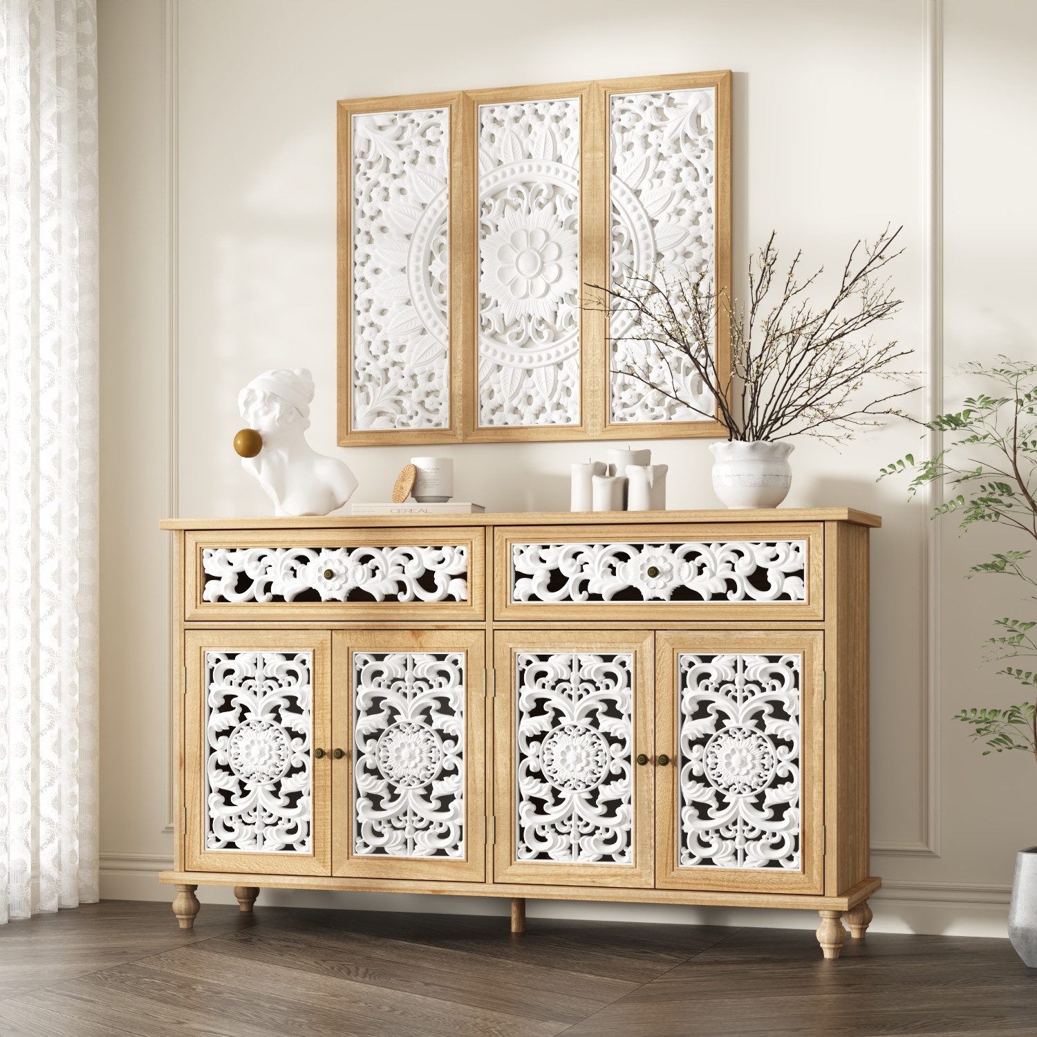 FUFU&GAGA Sideboard mit 4- Türen und 2- Schubladen, mit Zierholzrahmen, Holzoptik