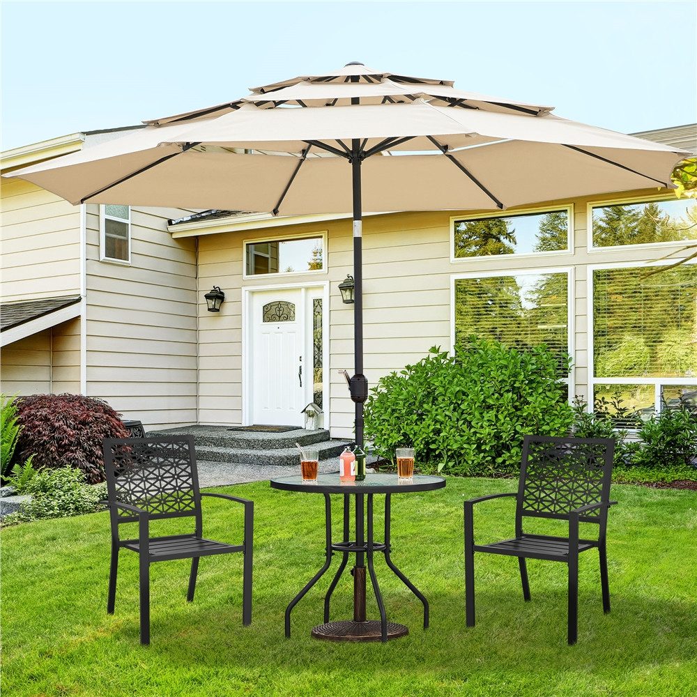 Yaheetech Gartentisch Runder Balkontisch mit Schirmloch aus Gehärtetem Glas & Metall, Kaffeetisch mit Wassermuster auf der Glasoberfläche für Draußen