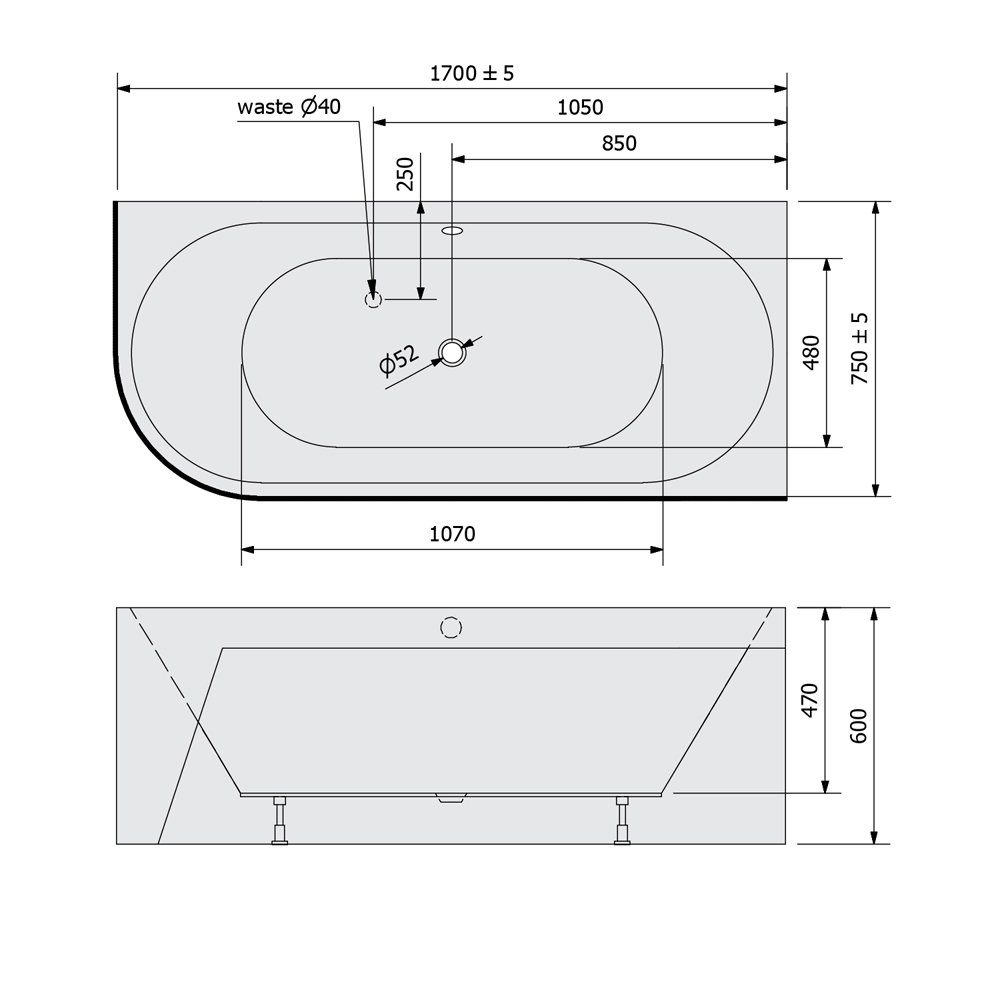 Polysan s.r.o. Badewanne VIVA R MONOLITH asymmetrische Badewanne 170x75x60cm, weiß/schwarz, (1-tlg)