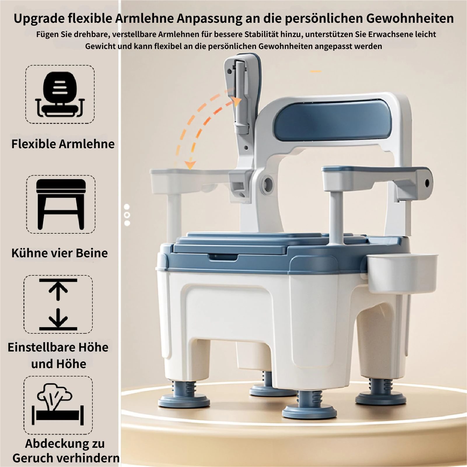 Rutaqian Toiletten-Stuhl Mobiler Nachttisch-Toilettenstuhl für Senioren,Höhenverstellbar, Campingtoilette mit Eimer,Aufbewahrungsbox,Tragbare Duschstuhl