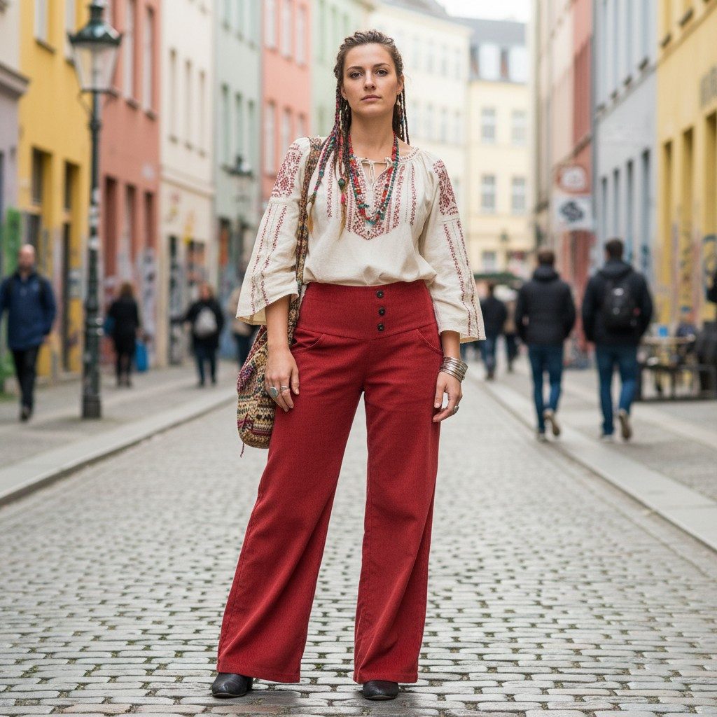 Guru-Shop Relaxhose Cordhose mit leicht ausgestelltem Bein - rot Ethno Style, alternative Bekleidung