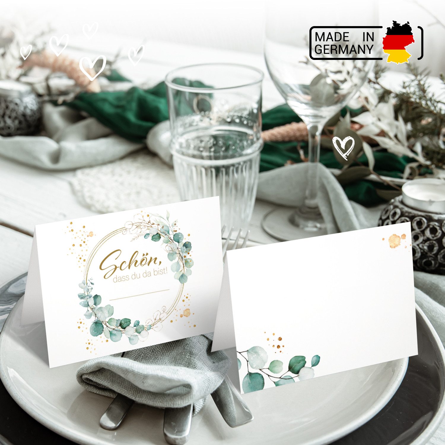 Funke & Brand Grußkarten 50x Tischkarten Hochzeit Schön, dass du da bist Efeu Grün