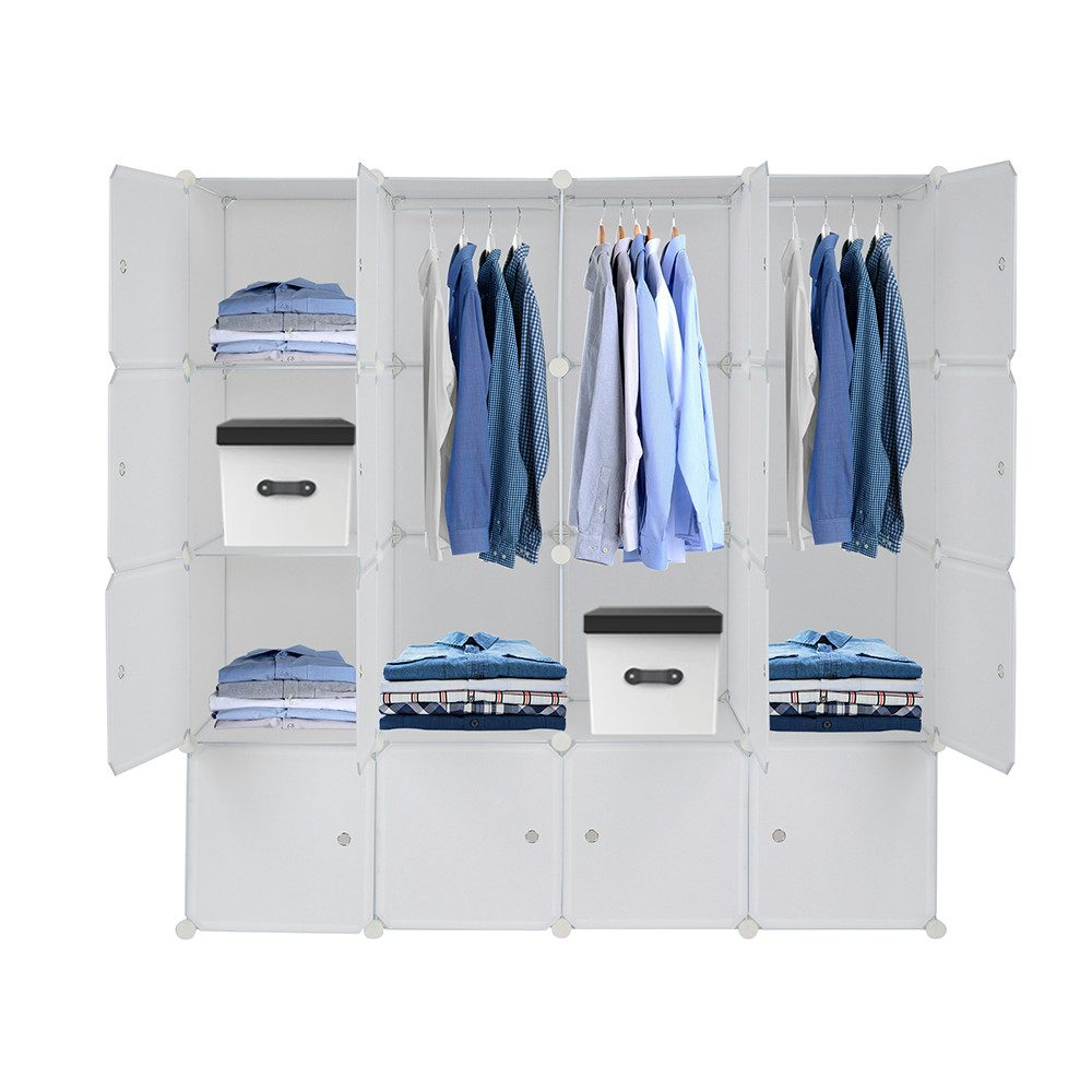 HT Kleiderschrank Würfel Organizer Stapelbar, Kunststoff Würfelaufbewahrung (Kunststoff + Stahldraht mit 3 Kleiderstangen) 140 x 45 x 140cm