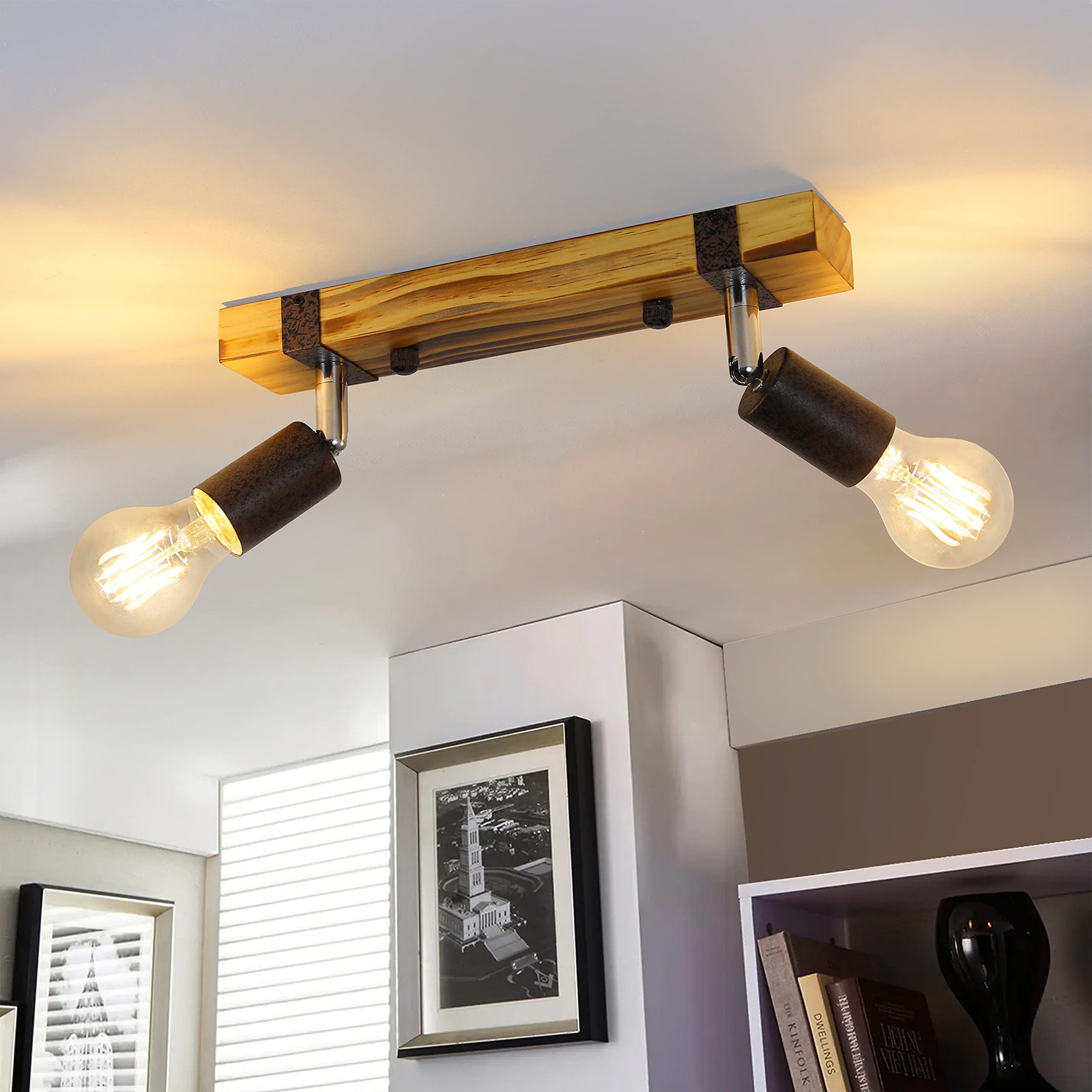 Nettlife Deckenstrahler Retro 2 flammig E27 Holzbalken verstellbarem schwenkbar Metall, LED wechselbar, für Schlafzimmer, Küchen, Esszimmer,Treppenhäuser, Balkone,Flur