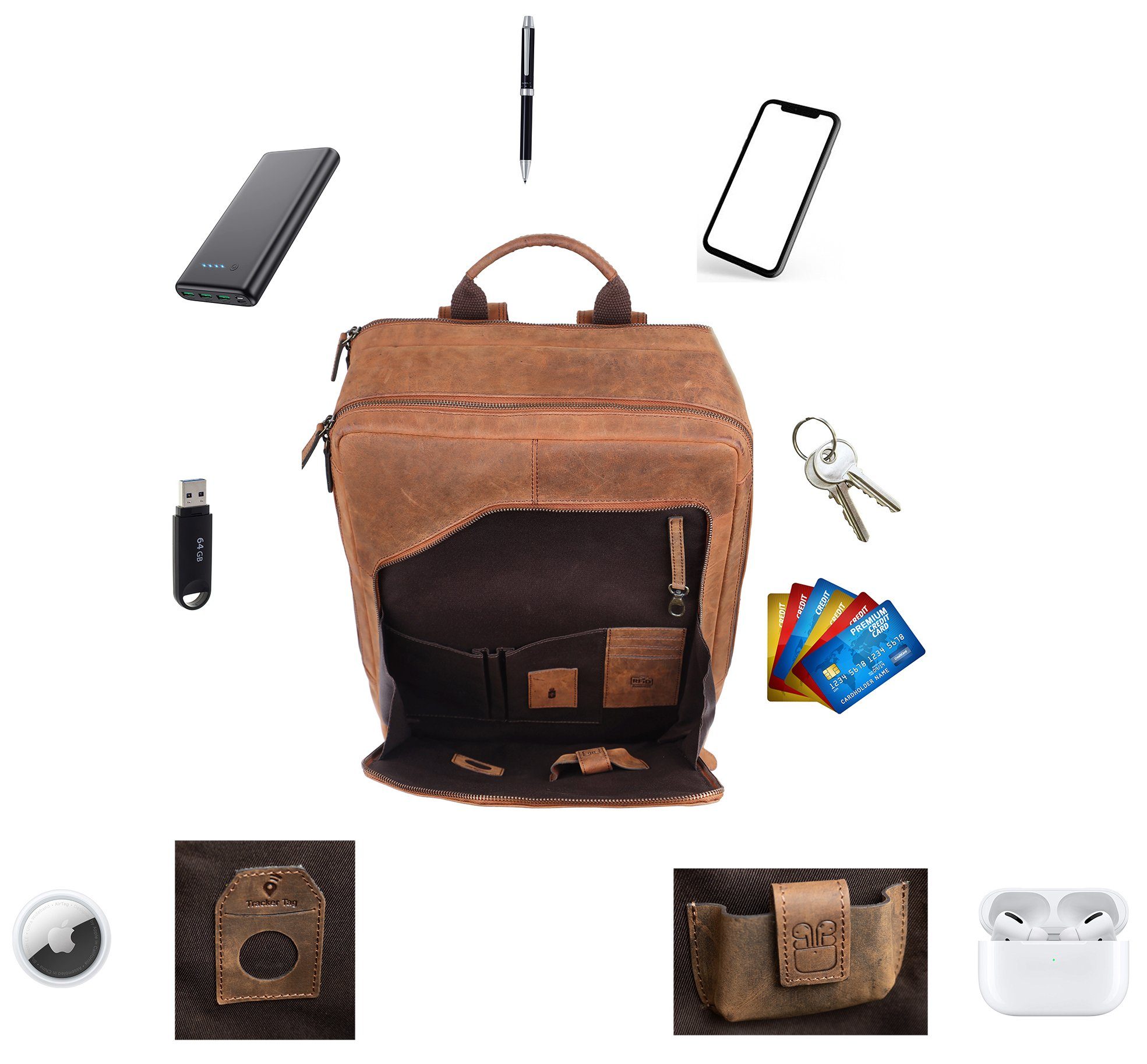 Corvus Zoll. 15L, Walnut Laptop bis TUSC Leder Rucksack aus 15,6 für Tagesrucksack Premium