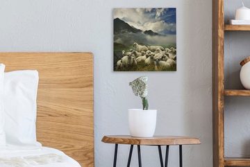 OneMillionCanvasses® Leinwandbild Schafe - Gras - Berg, (1 St), Leinwand Bilder für Wohnzimmer Schlafzimmer
