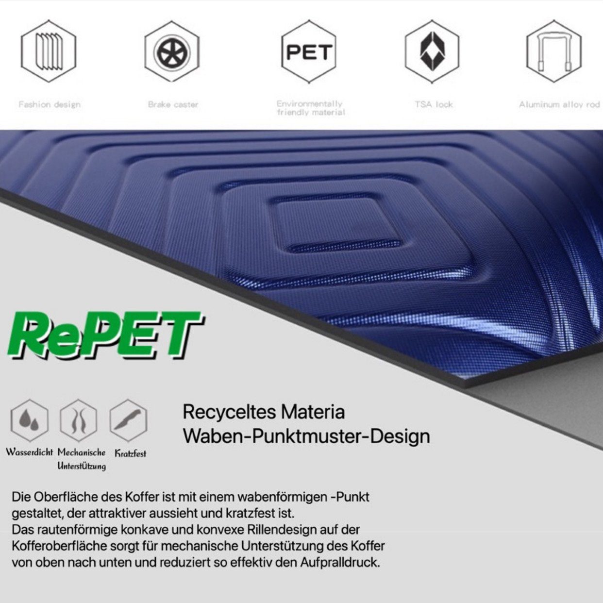 NEWCOM Hartschalen-Trolley Hartschalenkoffer aus recyceltem Material, Super Leicht Reisekoffer, 4 Rollen, Handgepäck Blau, umweltfreundlich,TSA Schloss