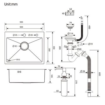 AuraLum pro Küchenspüle Edelstahl Einbauspüle Spülbecken Eckig Spüle mit Seifenspender 55x45cm