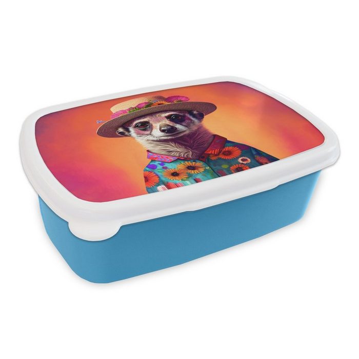 MuchoWow Lunchbox Erdmännchen - Blumen - Hut - Tiere - Porträt Kunststoff (2-tlg) Brotdose für kindergarten Vesperbox Snackbox Brotbox Jungen