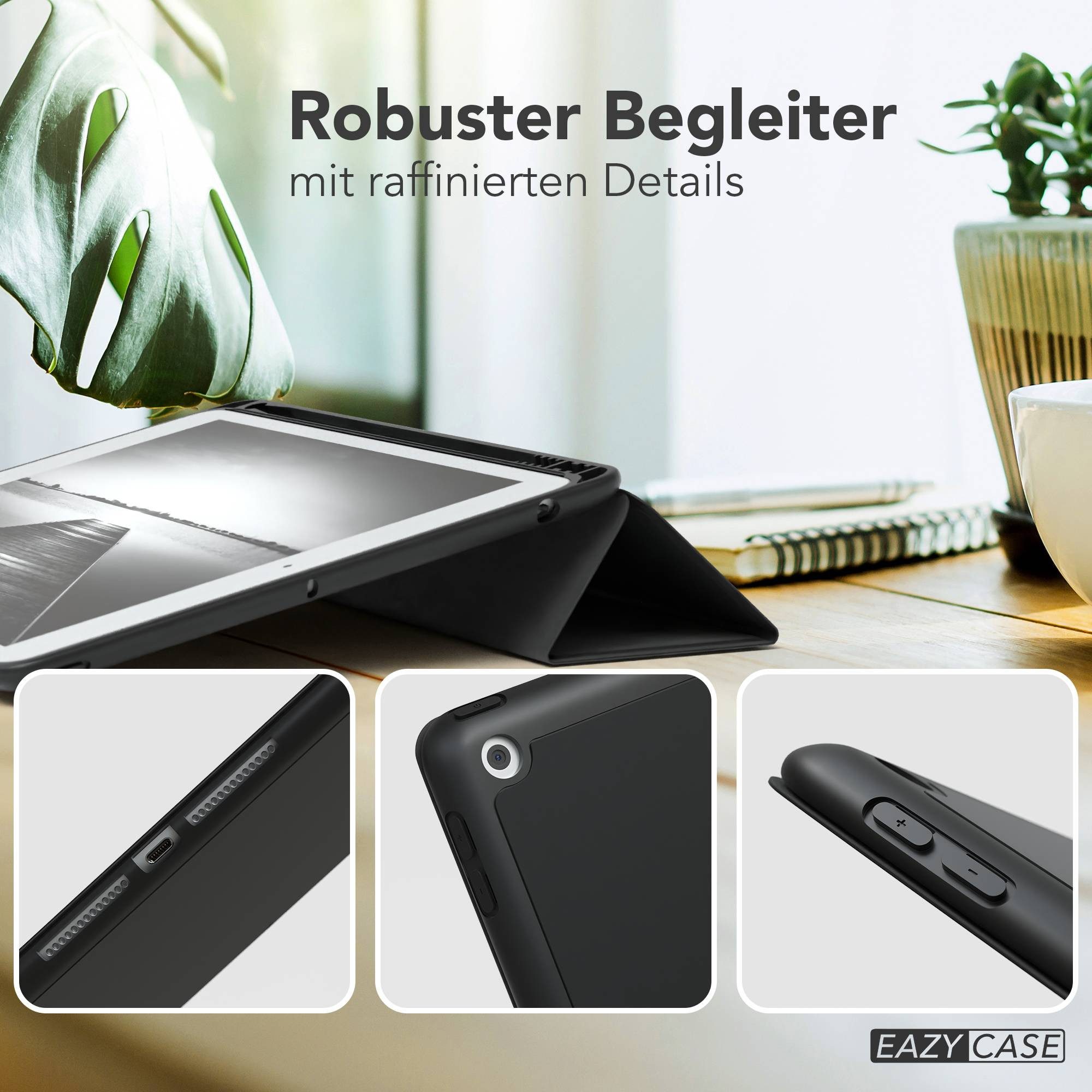 EAZY CASE Tablet-Hülle Penholder Smartcase für iPad 7. / 8. / 9. Gen. 10,2 Zoll, Hülle Schutzhülle mit Sleep Wake Up Funktion Etui zum Klappen Schwarz