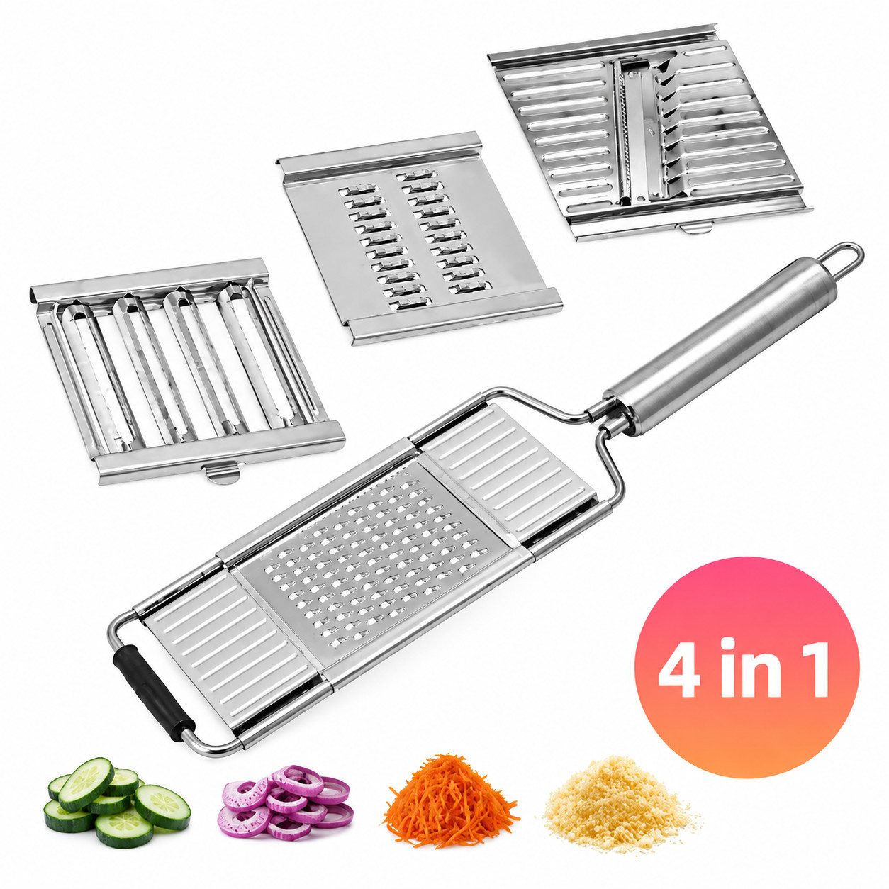XEOOCE Spätzlehobel Gemüsereibe 4 in 1, Edelstahl Küchenreibe, Multifunktionaler Gemüsehobel, (Set, 1 Gemüsereibe, 4 Klingen, 1 Aufbewahrungsbox), 4 Klingen,Edelstahl,Spülmaschinenfest