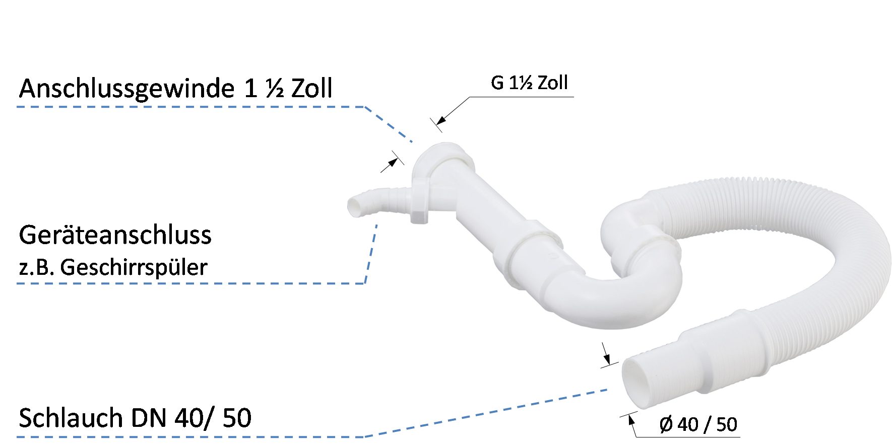 TG Kunststoffverarbeitung GmbH Siphon flexibler Röhren-Siphon mit Geräteanschluss - 1 1/2 Zoll x 40 / 50 DN