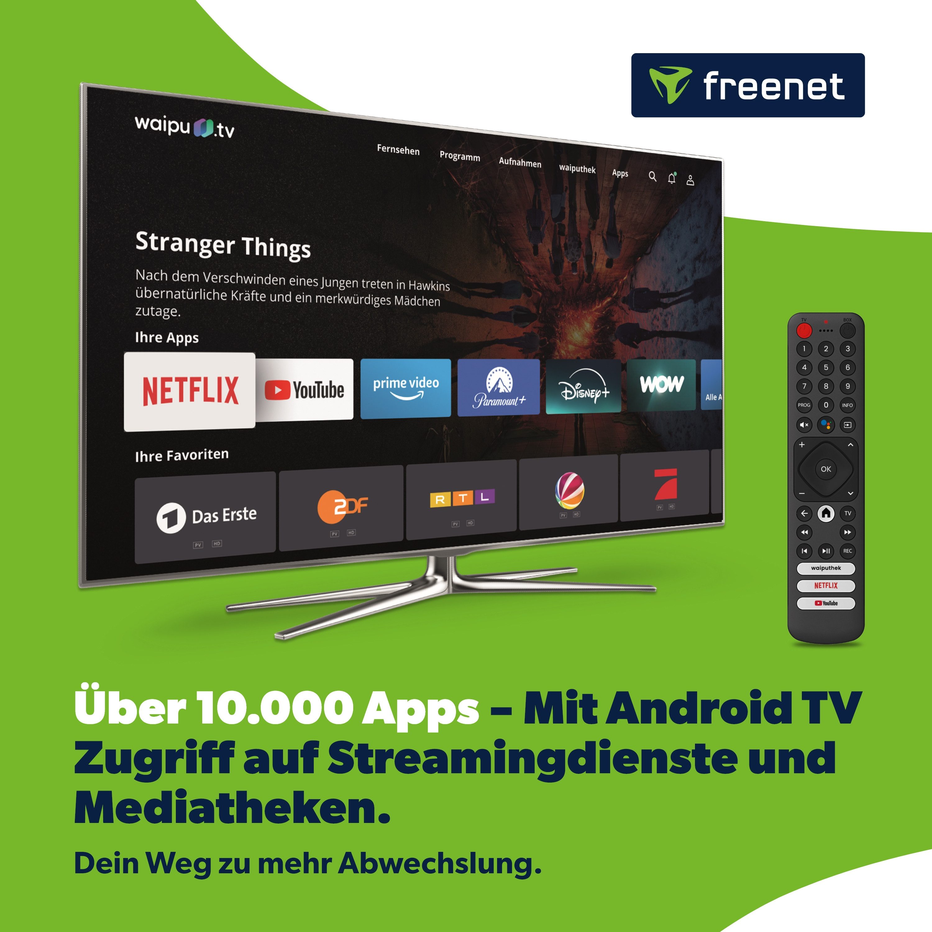 freenet TV Streaming-Stick Hybrid 3in1, DVB-C/T2 und Android TV, Inkl. 3 Monate freenet TV, 4K UHD, Chromecast