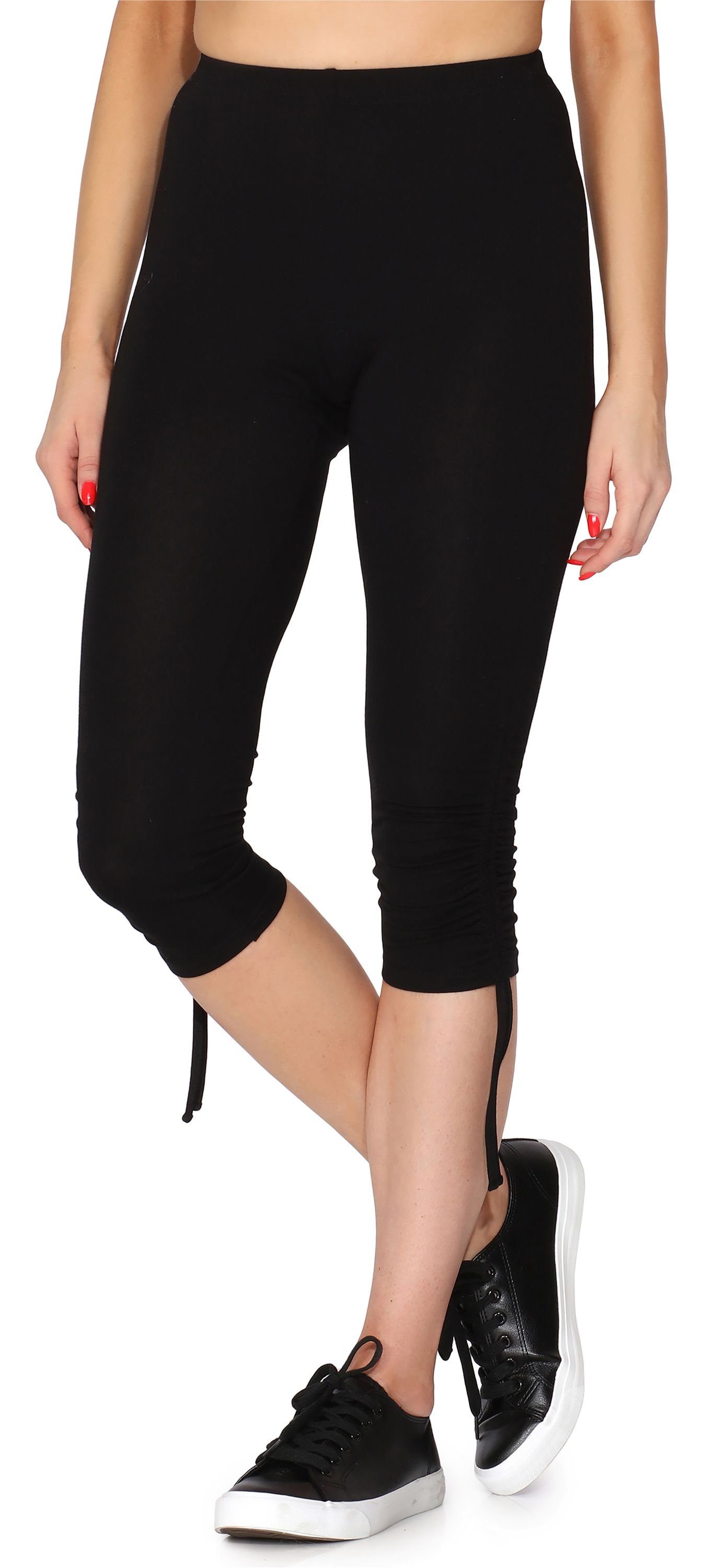 Merry Style Leggings Damen 3/4 Capri-Leggings mit Raffung aus Baumwolle MS10-380 (1-tlg) elastischer Bund Schwarz