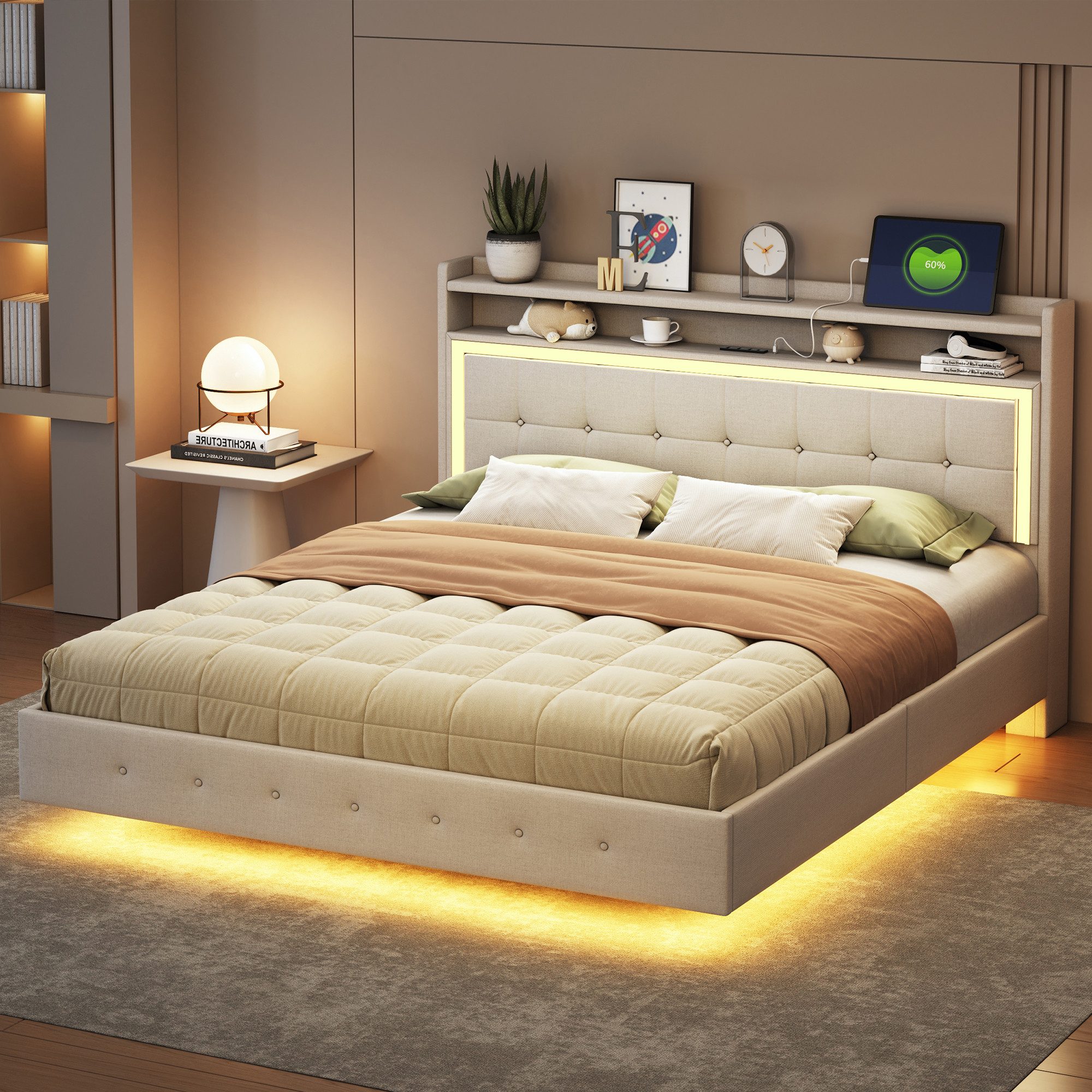 WISHDOR Polsterbett Hausbett mit USB-Steckdose und LED-Licht (verstecktes Fußdesign, Doppelflachbett, Leinenstoff 160x200 cm), ohne Matratze