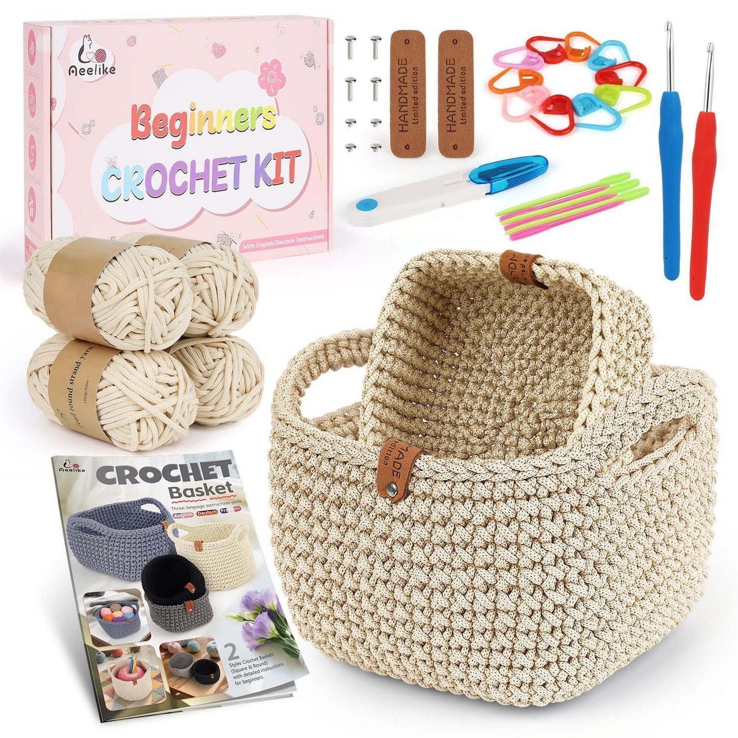 LuxusKollektion Kreativset Häkelset Korb Anfänger mit Nadeln Garn beige