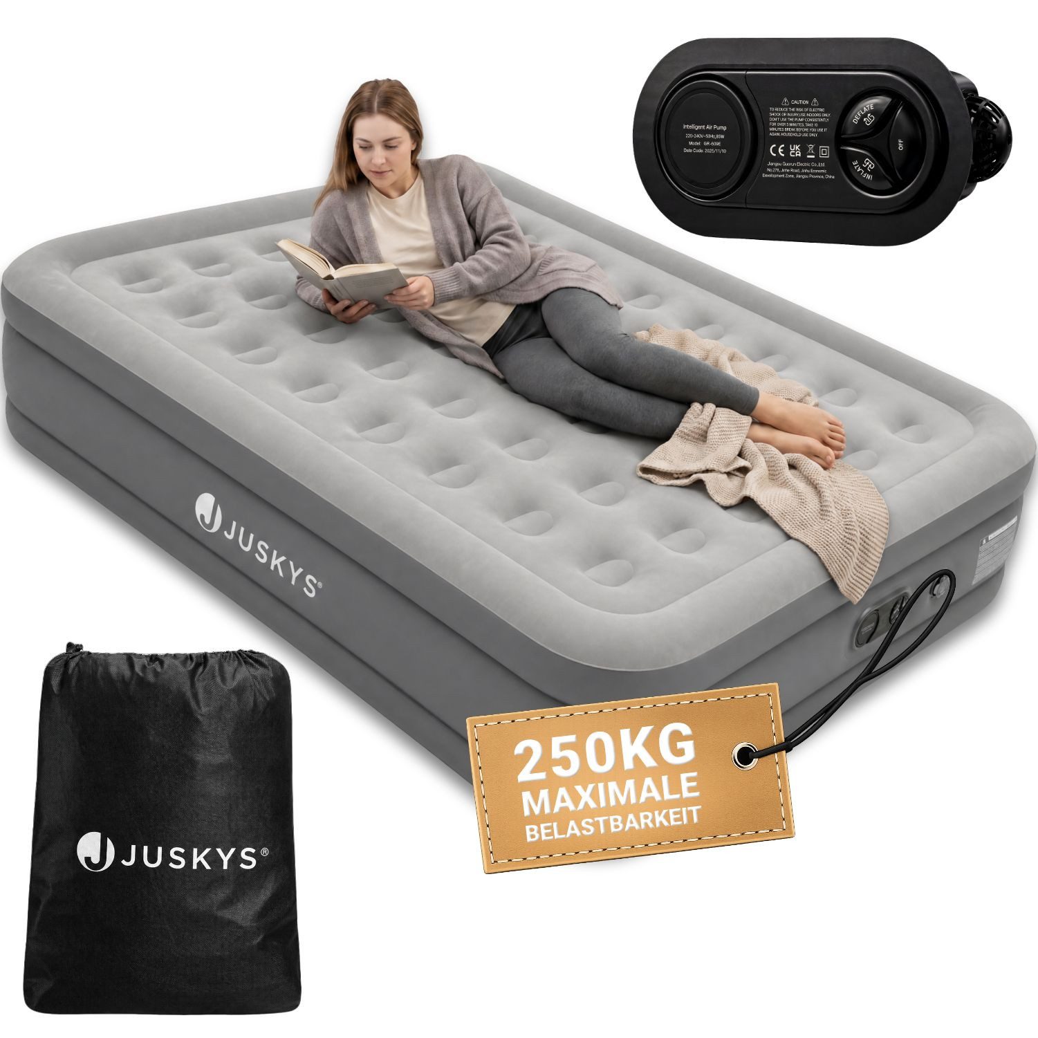 Juskys Luftmatratze Sapri, Doppel-Luftbett, selbstaufblasend, wasserdicht, inkl. Pumpe, Tasche