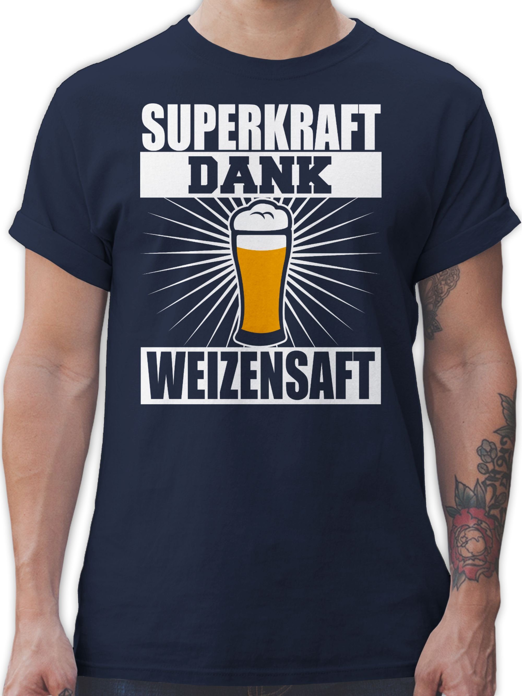 Spruch Shirtracer weiß mit Navy Blau 2 Superkraft dank T-Shirt Sprüche Weizensaft - Statement
