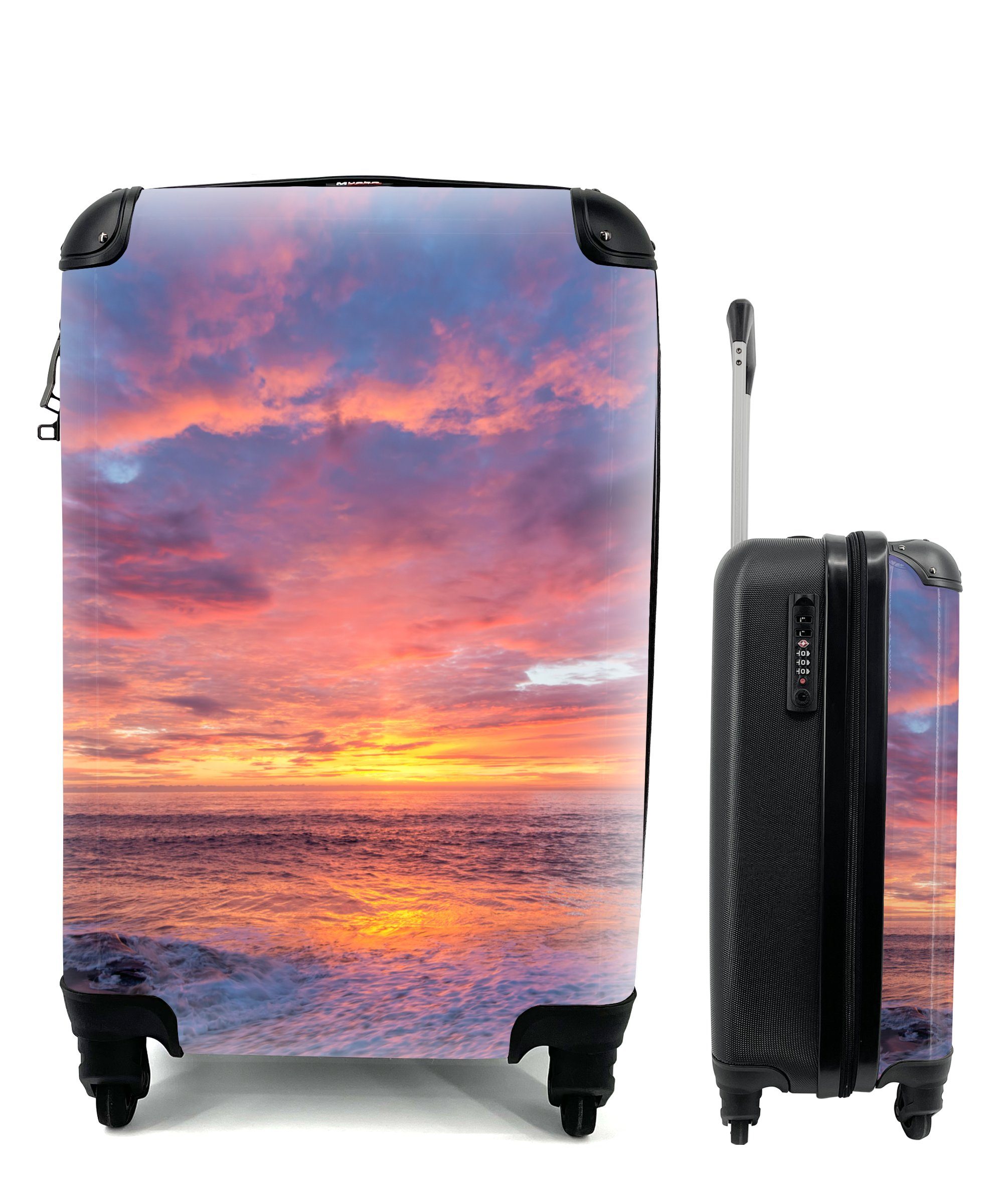 MuchoWow Handgepäckkoffer Strand - Meer - Sonnenuntergang, 4 Rollen, Reisetasche mit rollen, Handgepäck für Ferien, Trolley, Reisekoffer