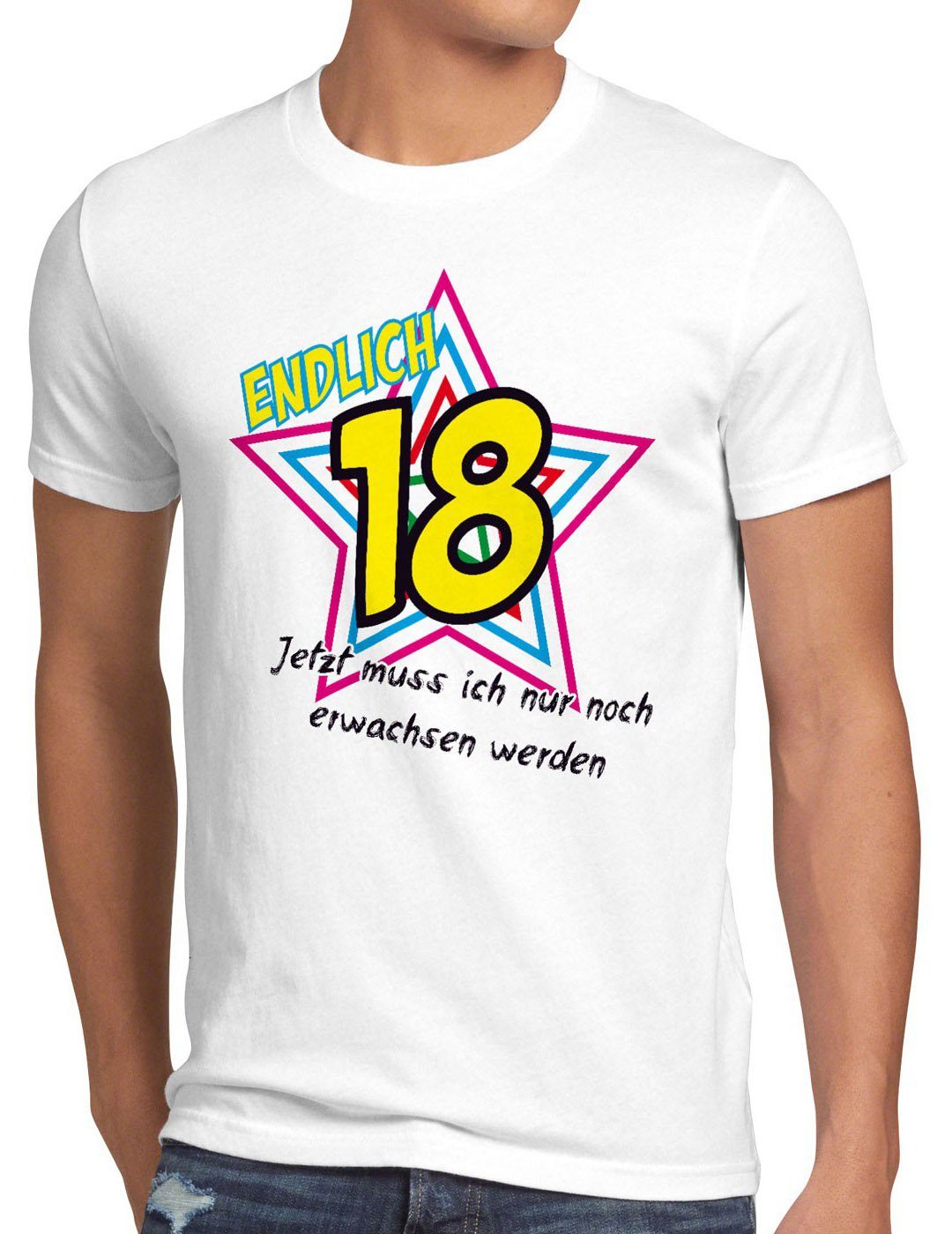 style3 Print-Shirt Herren T-Shirt Endlich 18 Jetzt noch erwachsen werden! Geburtstag Fun Funshirt weiß