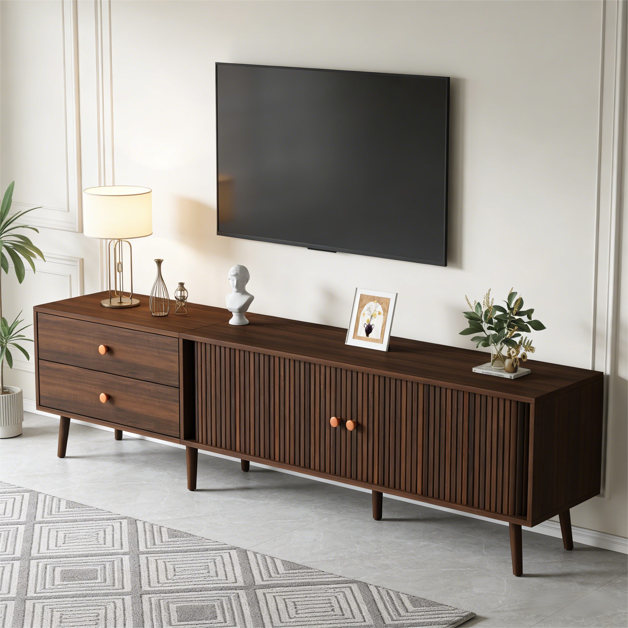 Merax Lowboard TV-Schrank in Walnussholzoptik, 180x40x46,5 cm (1 St), TV-Ständer Wohnzimmerschrank mit 2 Schubladen, 2 Rolltüren,7 Standfüße – Bild 3 von 5