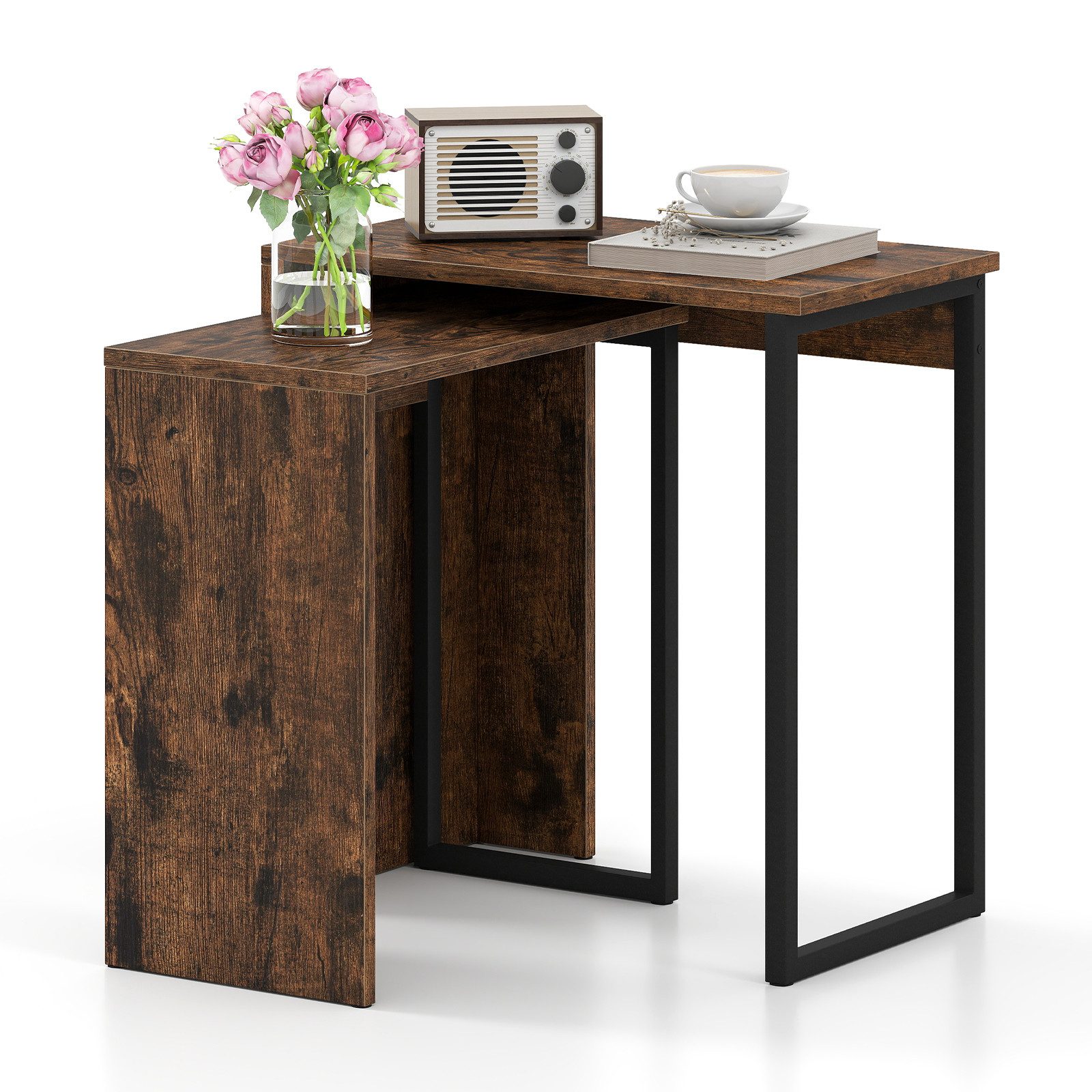 COSTWAY Beistelltisch (2er Set), 2-in-1 Satztisch Set stapelbar, Holz