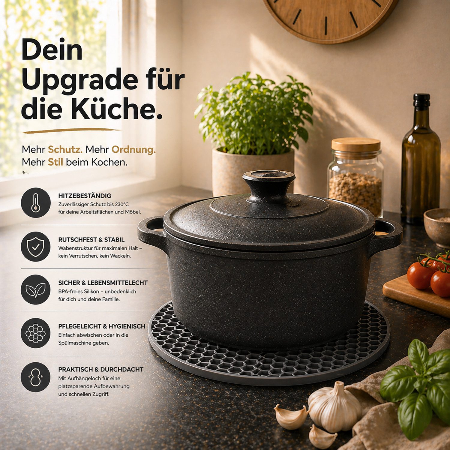 Camolo Topfuntersetzer 4er Set Silikon Topf Untersetzer grau - hitzebeständig, 4-tlg., hitzebeständig bis 230°C, rutschfest