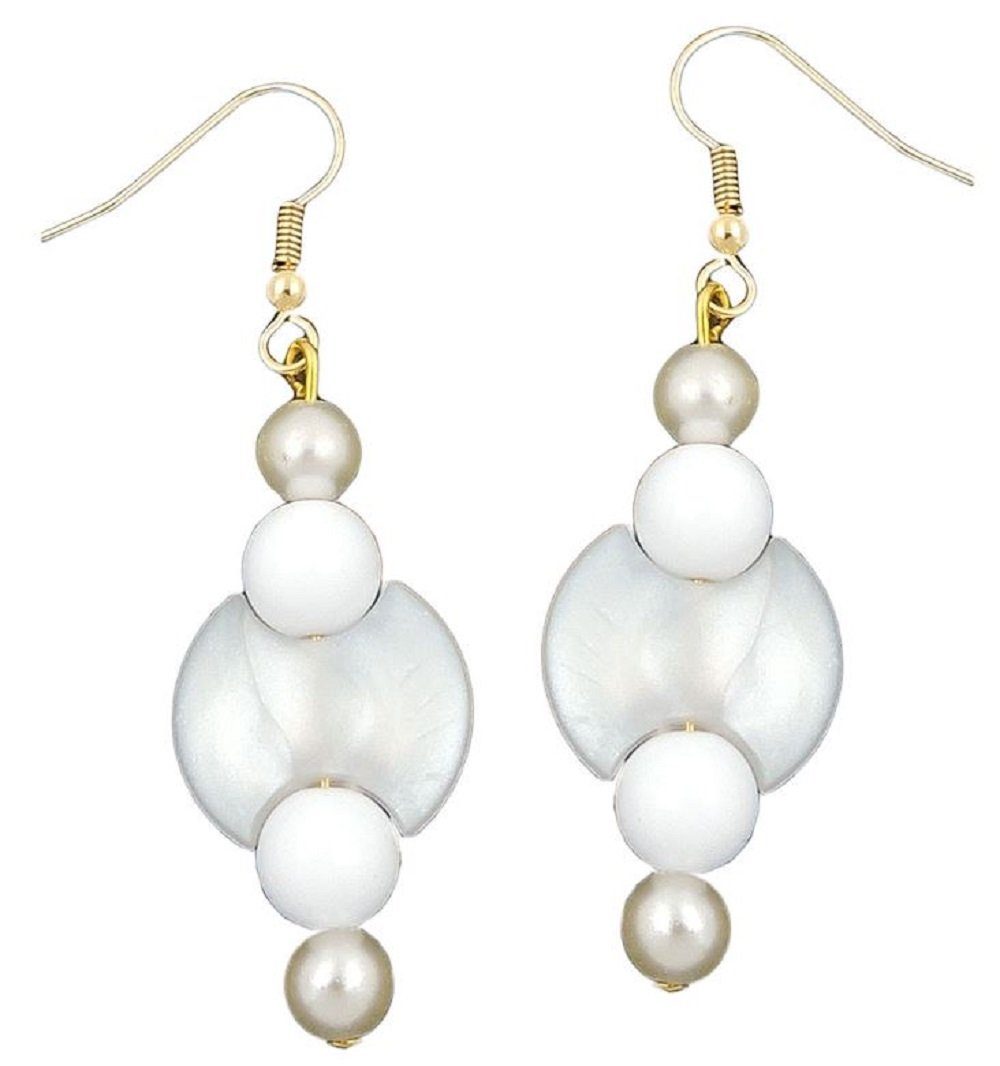 unbespielt Paar Ohrhänger Ohrhaken Kunststoff-Scheibe perlmuttfarben weiß glänzend 55 x 17 mm, Modeschmuck für Damen