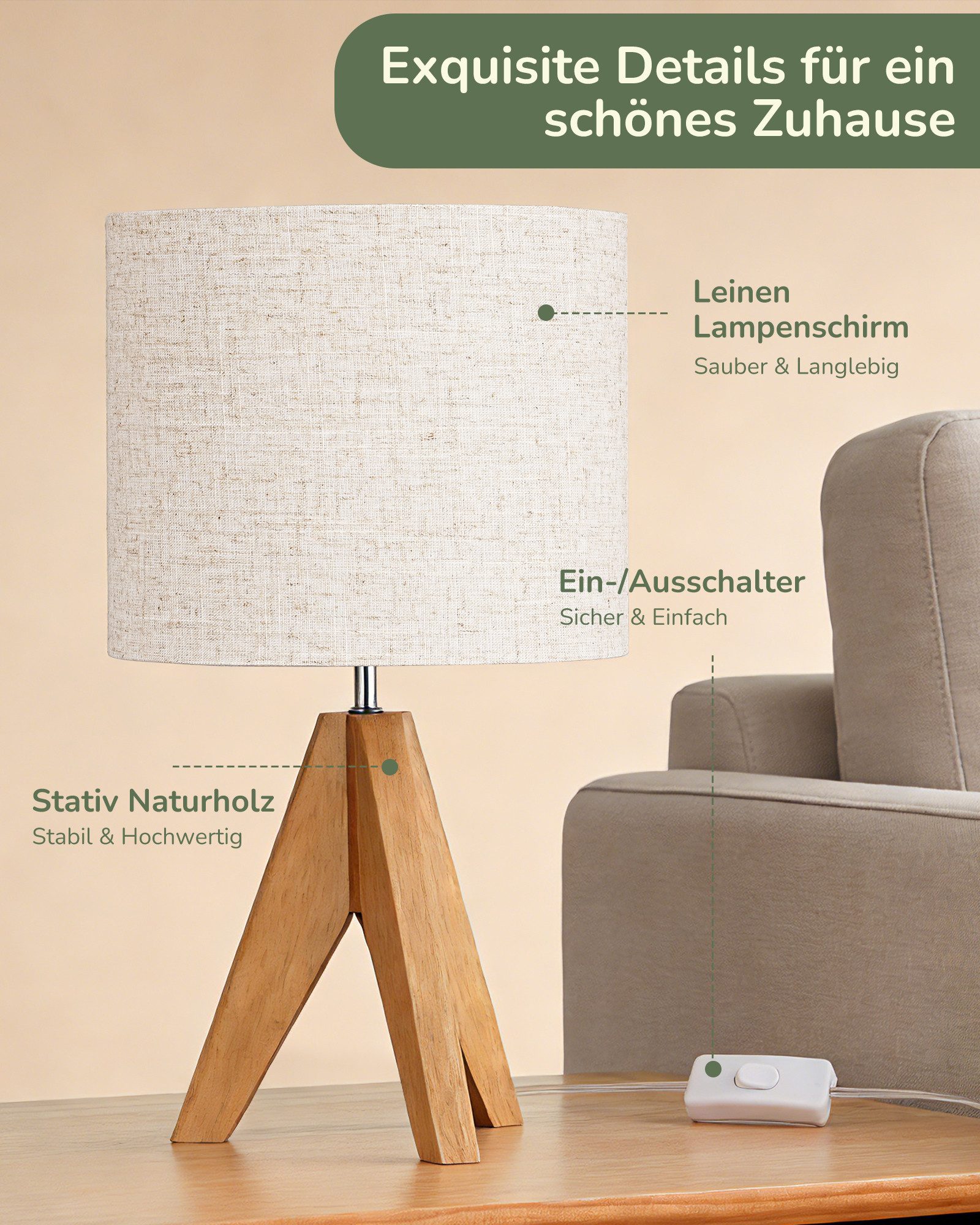 EDISHINE Nachttischlampe Vintage Tischlampe Holz mit Stoffschirm, inkl. Leuchtmittel, LED wechselbar, Warmweiß, Lampenschirm aus Leinen, für Deko, Schlafzimmer, – Bild 3 von 5
