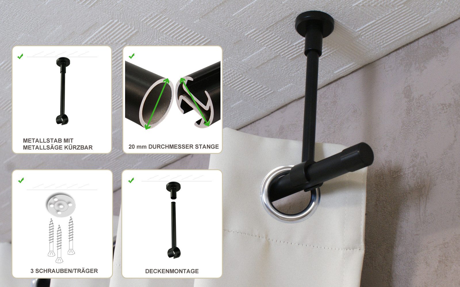 iso-design Gardinenstangenhalter Deckenträger für 20 mm Gardinenstangen großer Deckenabstand kürzbar, 20 mm, (1 Stück), Deckenabstand mit Metallsäge kürzbar – Bild 5 von 5