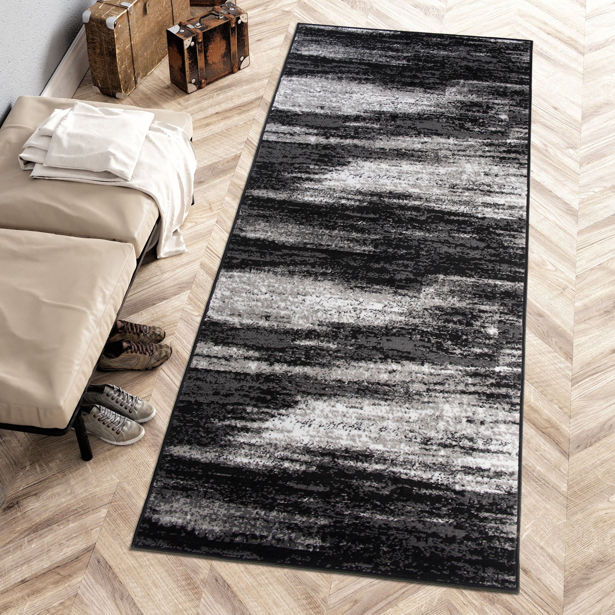 Mazovia Läufer Läufer Flurläufer Modern für Vorzimmer 70 cm Breit Grau Schwarz, 70 x 100 cm, Kurzflor, Meterware, Höhe 8 mm
