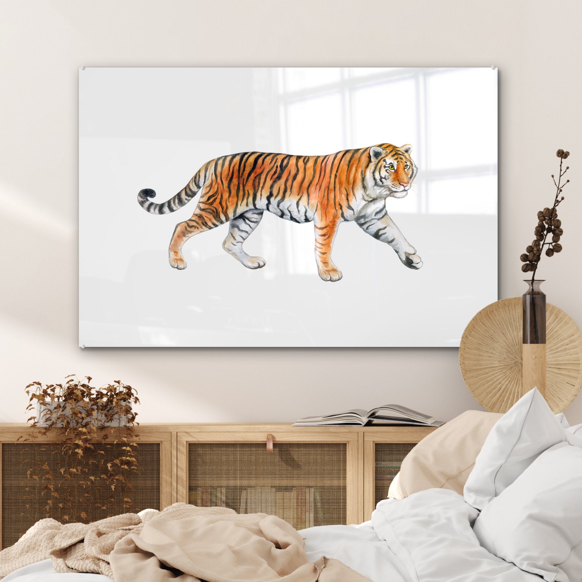 (1 Acrylglasbild Weiß, - Wohnzimmer Orange - Tiger & Schlafzimmer Acrylglasbilder St), MuchoWow