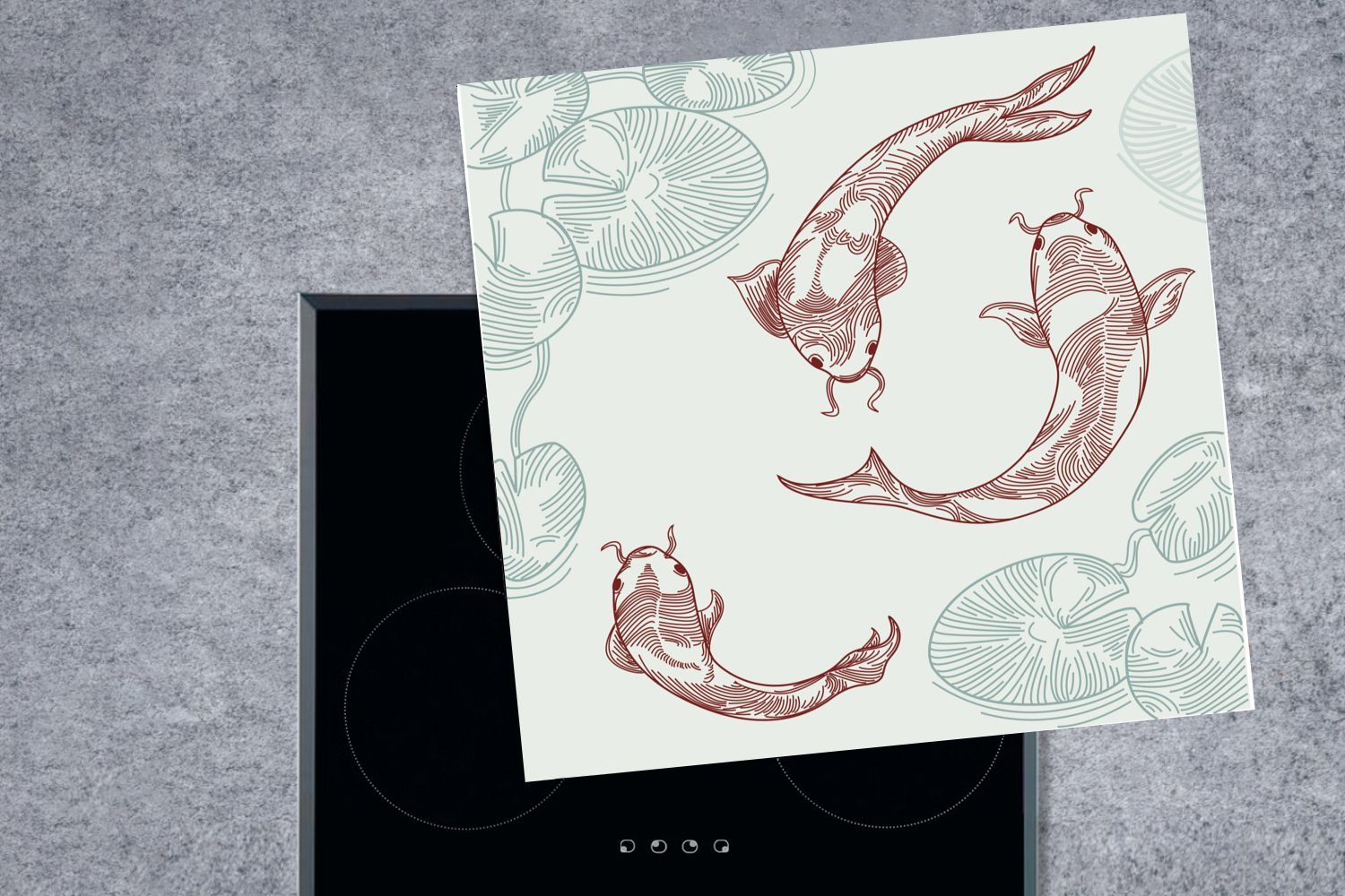 Koi-Karpfen Teich, cm, tlg), Herdblende-/Abdeckplatte einem in Illustration 78x78 von Ceranfeldabdeckung, Arbeitsplatte MuchoWow küche für (1 Vinyl,