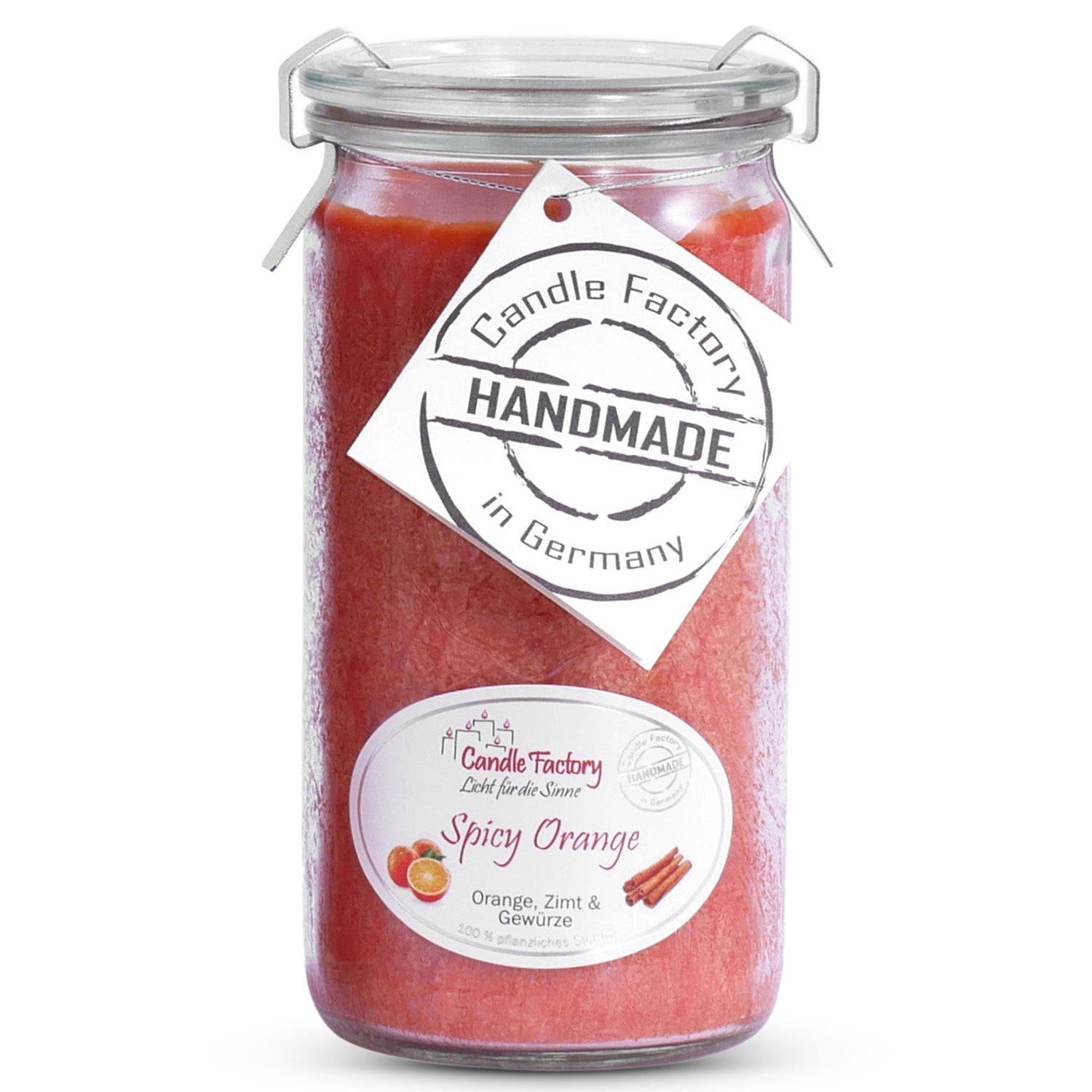 Landshop24 Duftkerze Candle-Factory Duftkerze aus Stearin im Weckglas Mini Jumbo (Duft: Spicy Orange), brennt bis zu 70h