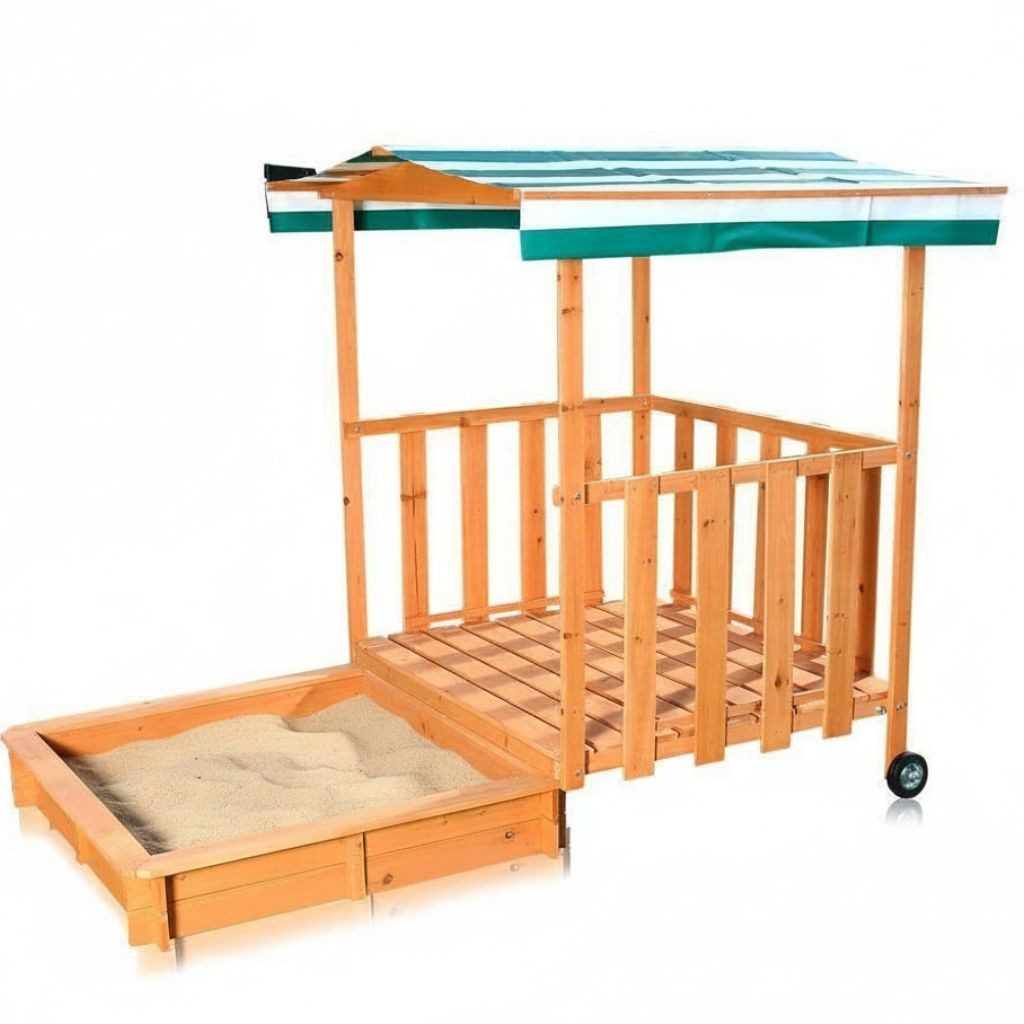 Melko Sandkasten Sandbox mit Dach Sitzbänken Sandkiste höhenverstellbares Sonnendach, (Einzelartikel), Transportrollen zum Verschieben, Sonnendach und Sitzflächen