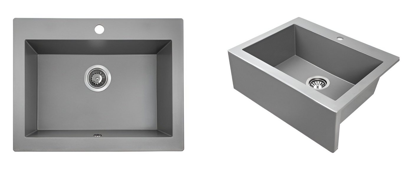 Thumbnail - KOLMAN Küchenspüle Einzelbecken Komodo Granitspüle, Rechteckig, 49/58 cm, Grau, Space Saving Siphon GRATIS