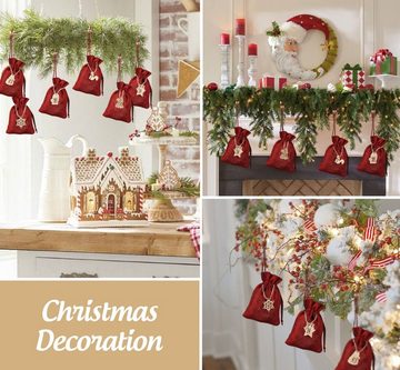 Homewit Christbaumschmuck Adventskalender DIY Weihnachten Geschenksäckchen Stoffbeutel (24-tlg), 1-24 Zahlen Holzanhänger