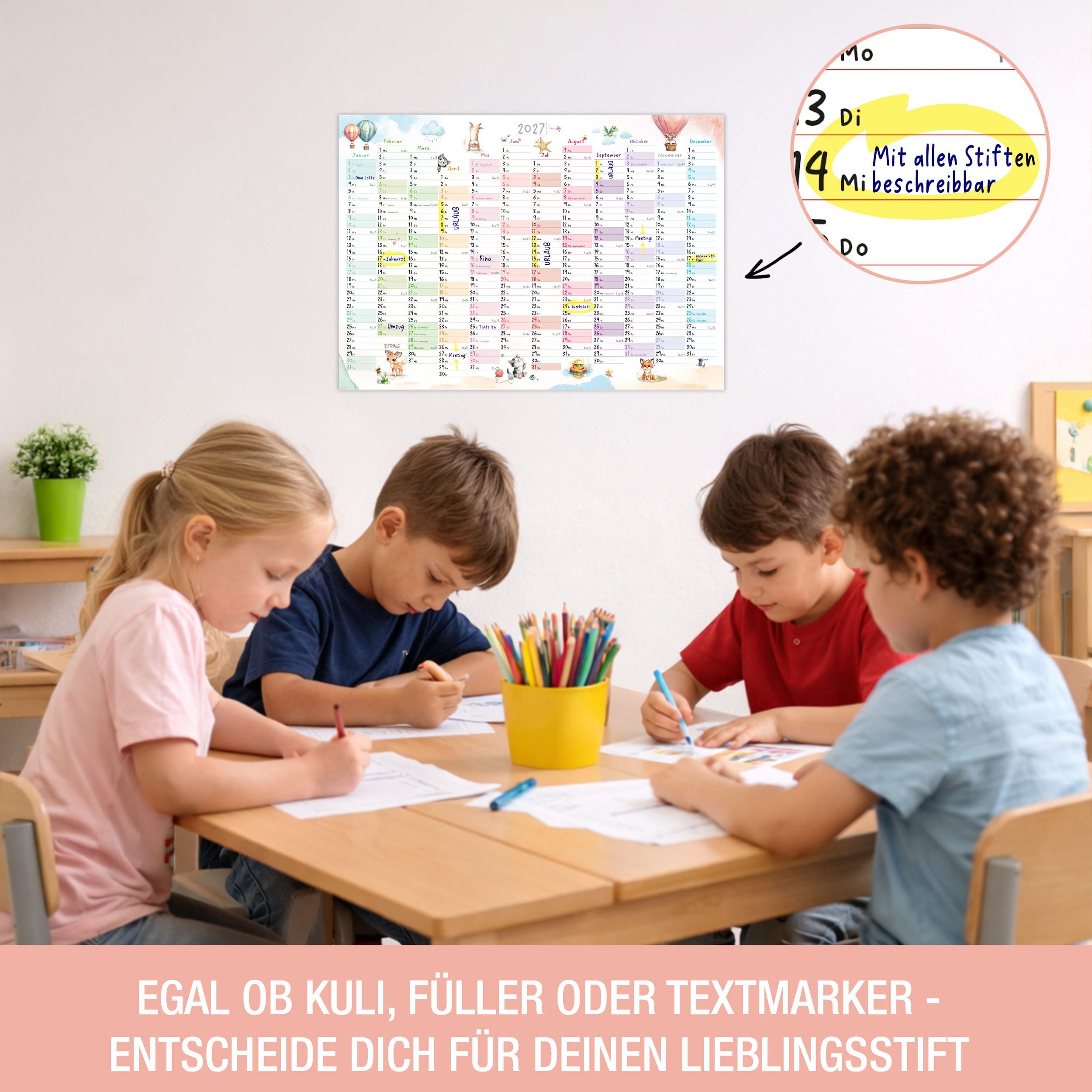 TOBJA Wandkalender Wandkalender 2027 A3 Tierwelt Aquarell – Jahresplaner Kinder, Aquarell-Tiere, KW, FSC-Papier, Rückseite Jahresplanung