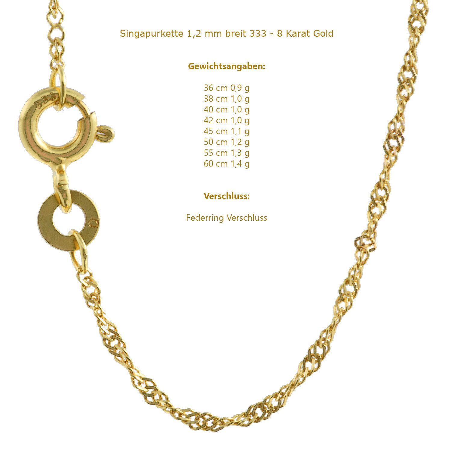 HOPLO Goldkette Goldkette Singapurkette 333 - 8 Karat Gold 1,2 mm - 40 cm, günstig online kaufen