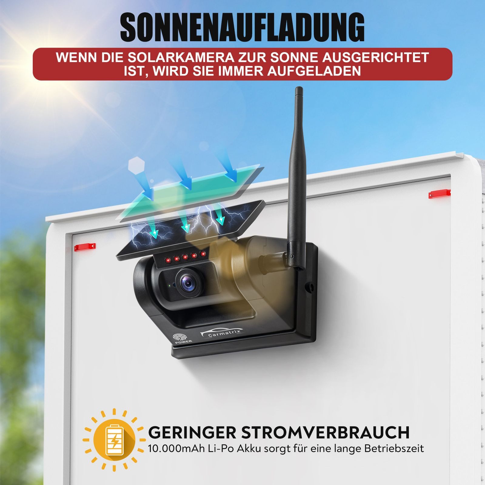 CARMATRIX D50E Solar KI Rückfahrsystem mit Magnet HD für Wohnmobil LKW mit App Rückfahrkamera (Solar WLAN Auto Wohnmobil Funk Rückfahrkamera HD Magnet Smartphon – Bild 3 von 5