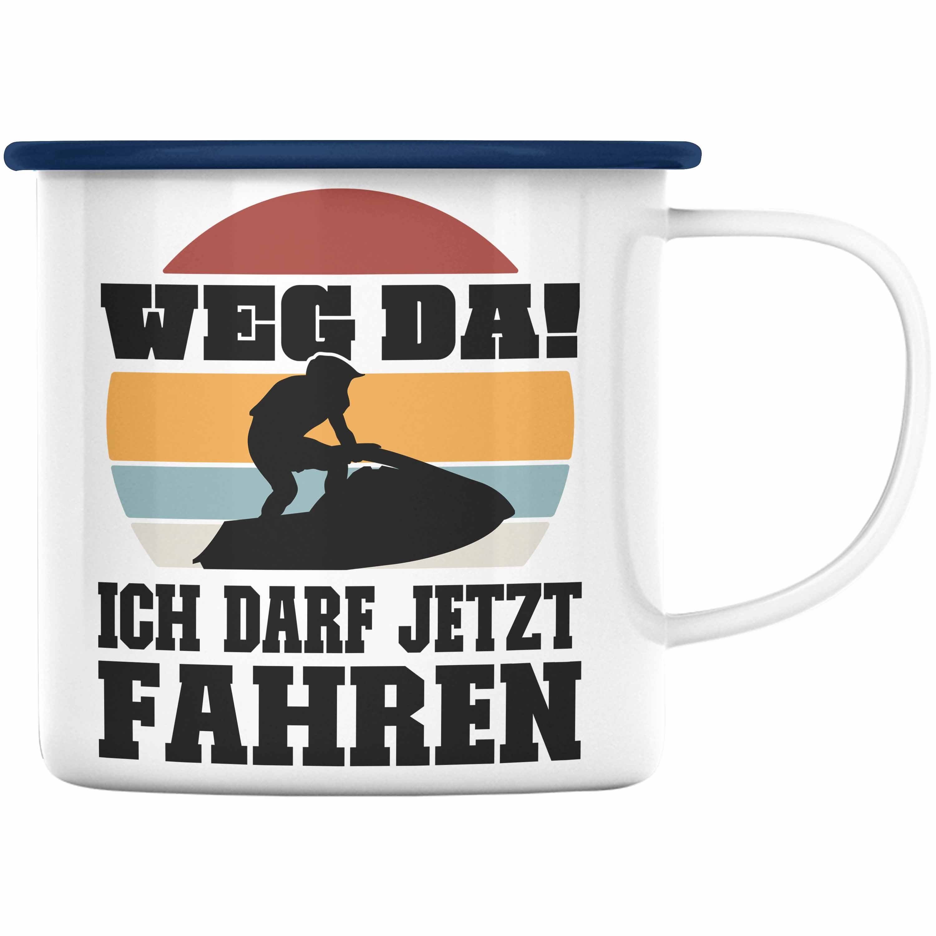 Trendation Thermotasse Trendation - Jetski Emaille Tasse Geschenk mit Spruch Jetski Sprüche Jetskifahrer Blau