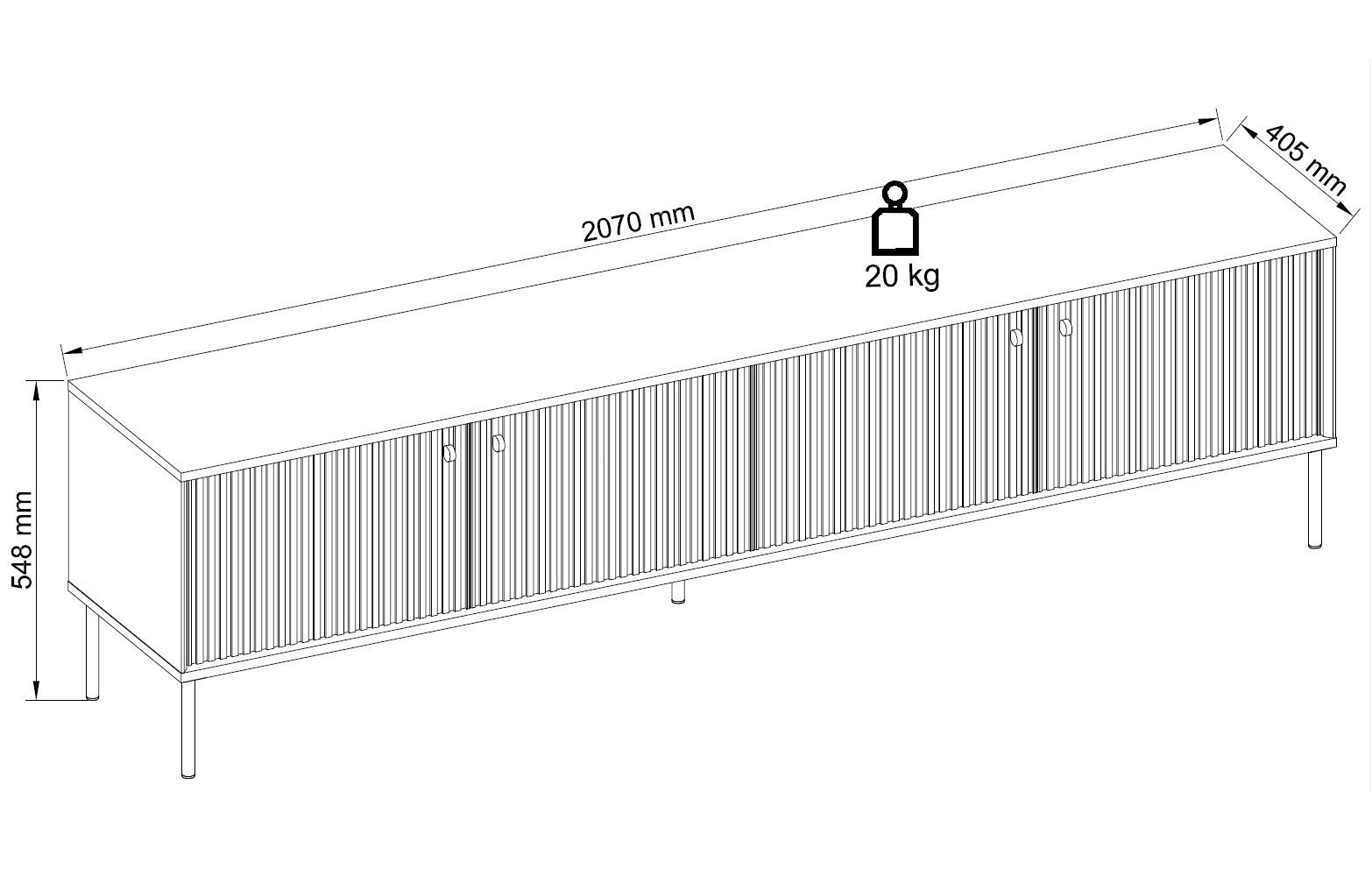Feldmann-Wohnen Lowboard Iris (4 Türen, mit Kabelmanagement, 1 St., moderne Optik, gerillte Fronten, Soft-Close, Griffe und Füße & Metall), 207x40,5x54,8cm grau