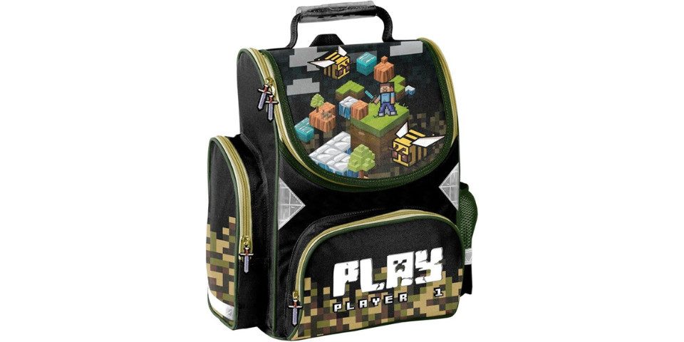 GOLDKIDS Schulranzen set jungen 1. klasse 7-teilig Ranzen Tornister (Schulrucksack Federmappe, 1-tlg., Turnbeutel Turnsack Brotdose), Trinkflasche Sporttasche Regenschutz Game Pixel Motiv mäppchen